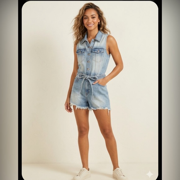 Vince Denim - Vince Light Blue Denim Sleeveless Romper with Tie Waist